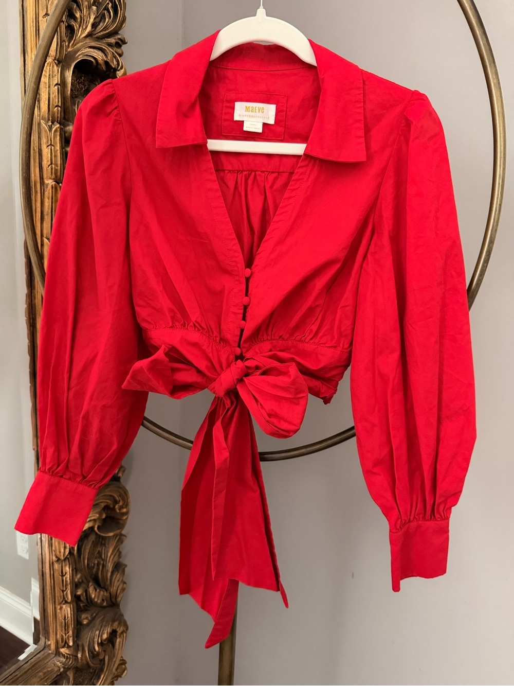 Maeve Bright Red Tie-Front Crop Button-Down Blouse